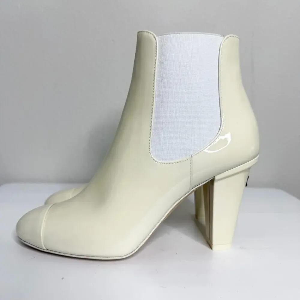 Chanel Resort 2022 Ivory Chelsea Ankle Boots Interlocking CC Logo Patent Size 37